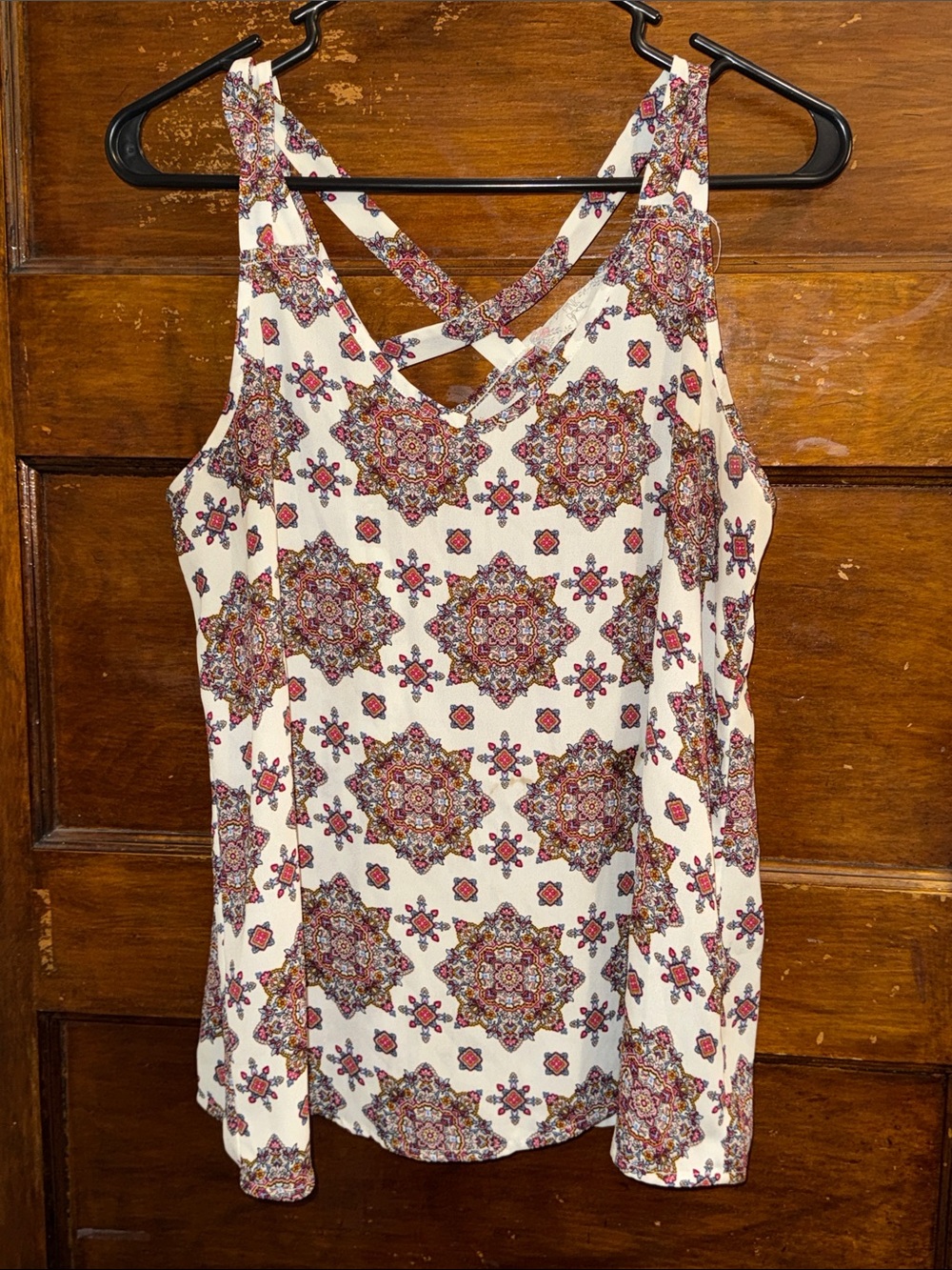 Pink Rose Cream Floral Medallion Crisscross Camisole